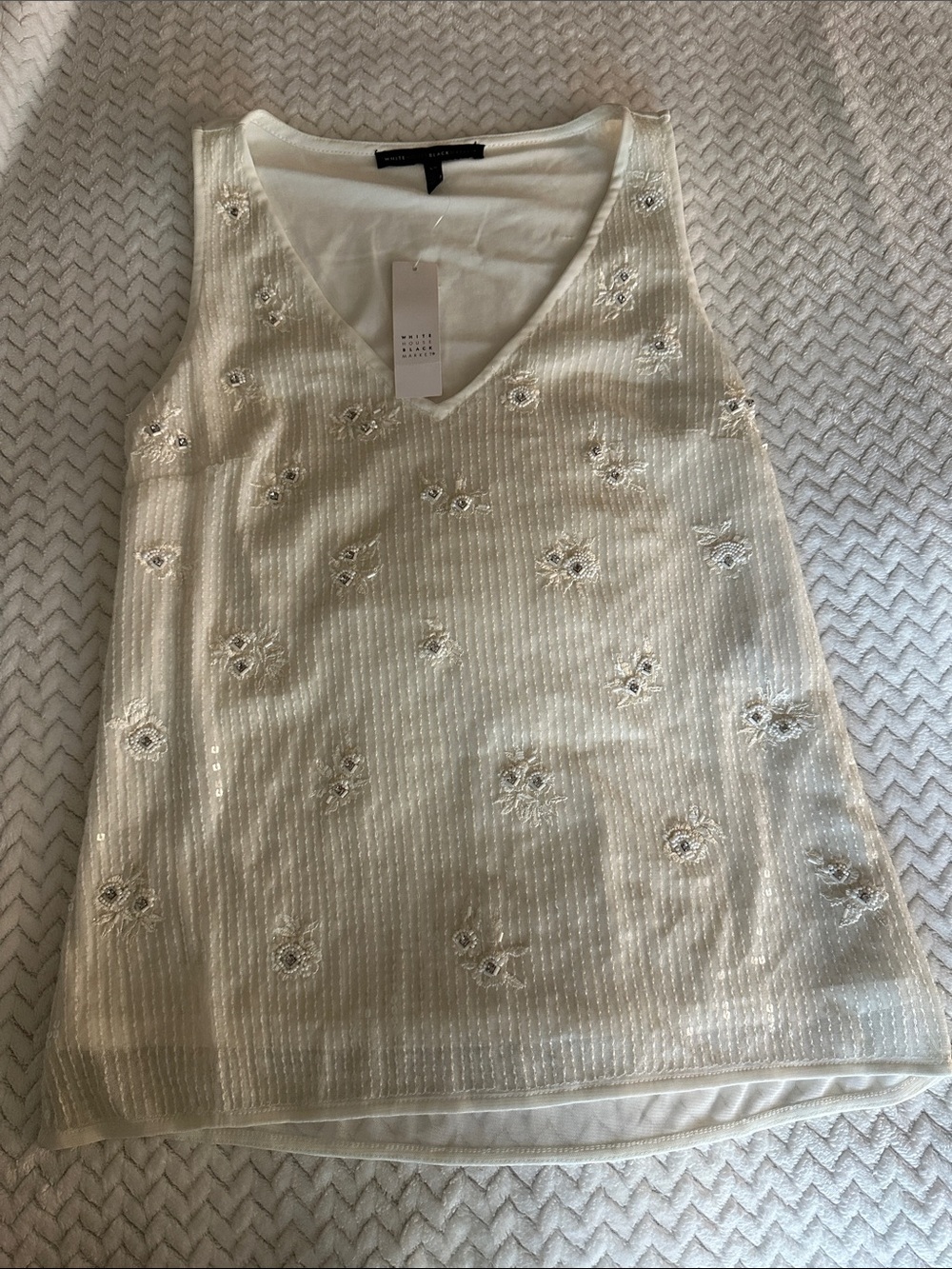 White House Black Market Ivory Beaded V-Neck Tank Top